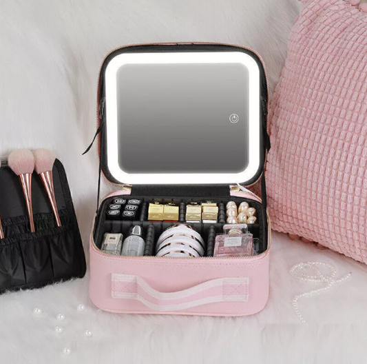 Travel Makeup Bag with LED Mirror Vanity Case – Beauty Makeup Travel Cosmetic Bag for Women