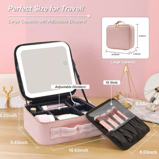 Travel Makeup Bag with LED Mirror Vanity Case – Beauty Makeup Travel Cosmetic Bag for Women