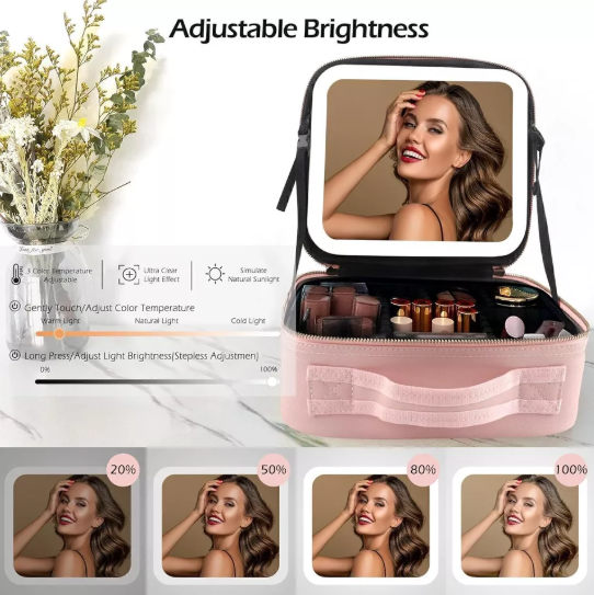 Travel Makeup Bag with LED Mirror Vanity Case – Beauty Makeup Travel Cosmetic Bag for Women