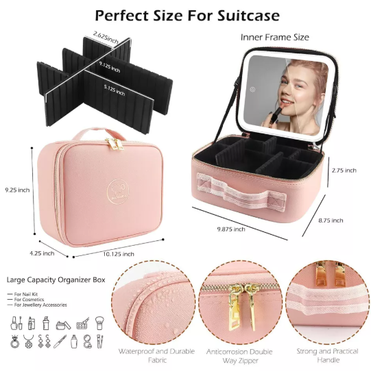 Travel Makeup Bag with LED Mirror Vanity Case – Beauty Makeup Travel Cosmetic Bag for Women