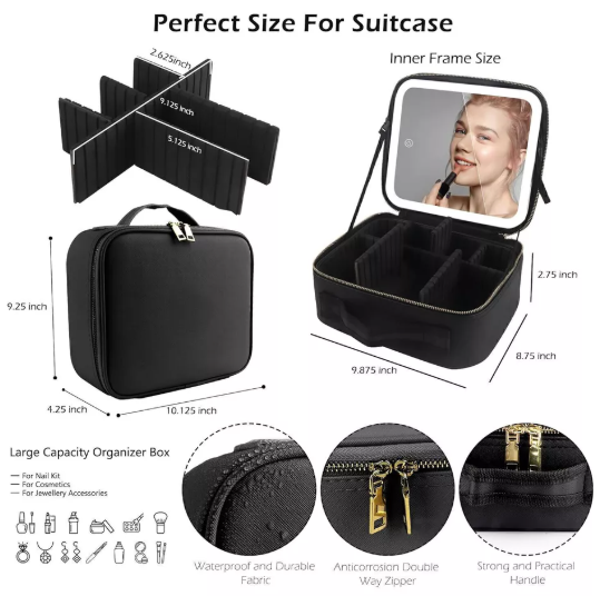 Travel Makeup Bag with LED Mirror Vanity Case – Beauty Makeup Travel Cosmetic Bag for Women