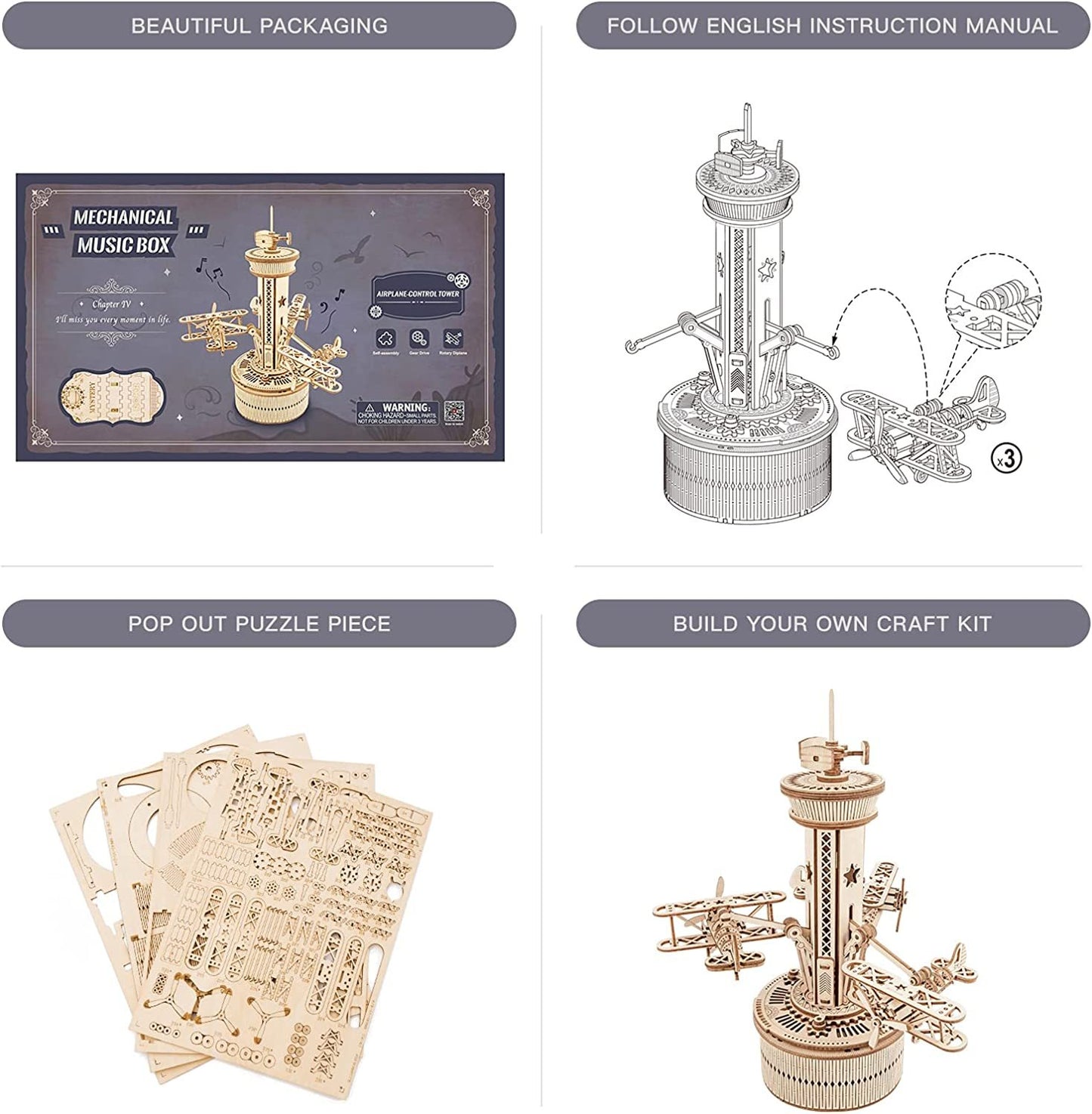 3D Wooden Puzzles For Adults DIY Musical Box Model Kit To Build Self-Assembly Building Kit Airplane- Control Tower