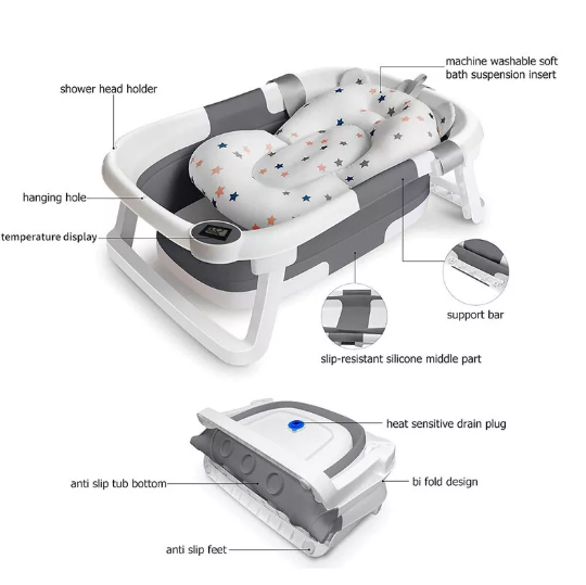 Foldable Infant Bathtub with Temperature & Cushion Bath Pad, Bath Net for Everyday Essentials