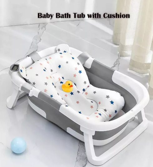 Foldable Infant Bathtub with Temperature & Cushion Bath Pad, Bath Net for Everyday Essentials