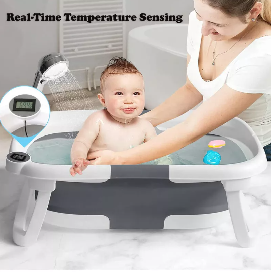 Foldable Infant Bathtub with Temperature & Cushion Bath Pad, Bath Net for Everyday Essentials