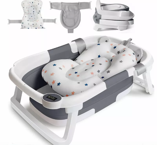 Foldable Infant Bathtub with Temperature & Cushion Bath Pad, Bath Net for Everyday Essentials