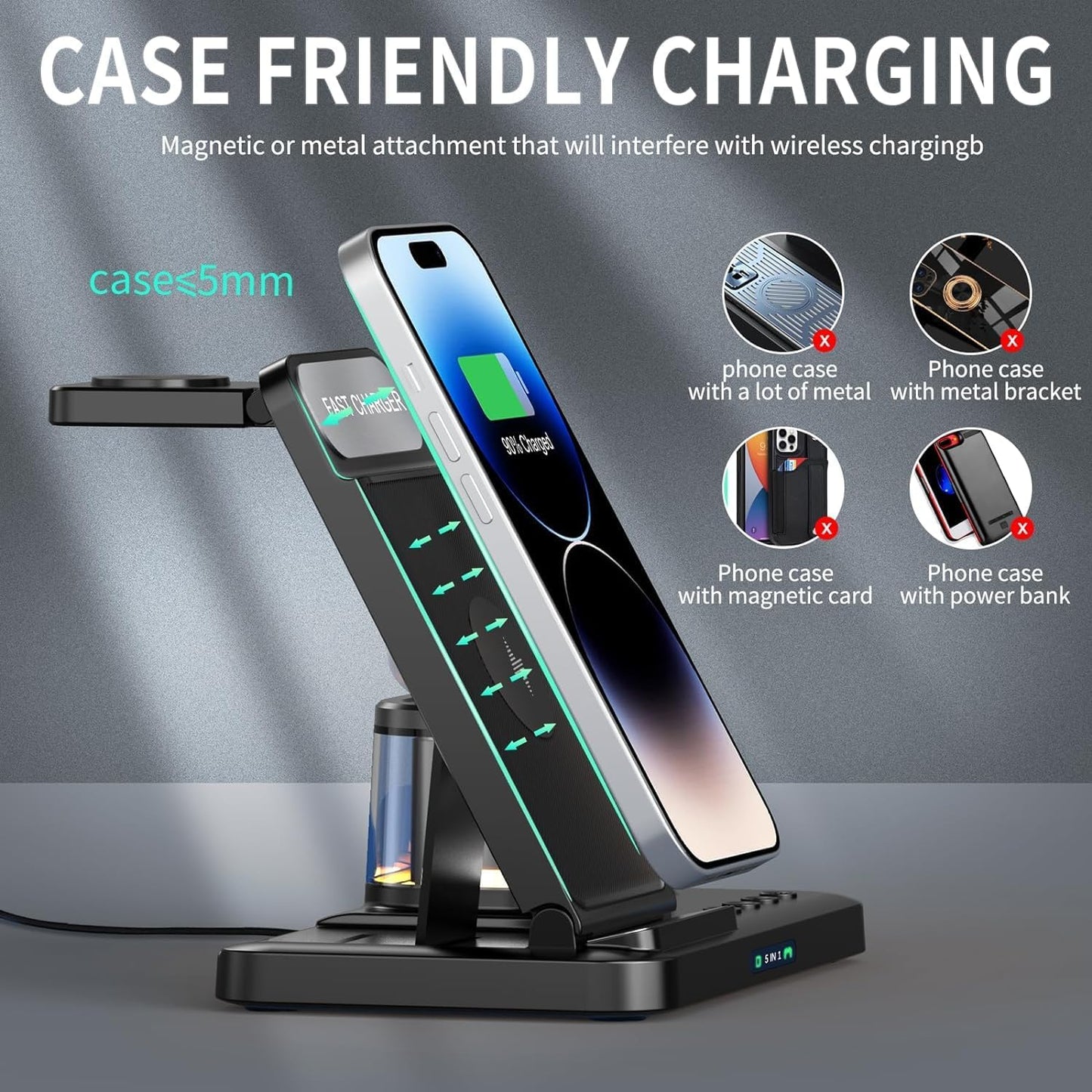 Wireless Charger - 5 in 1 Fast Foldable Stand Dock- Inductive Charging Station with Ambient Light and Clock Function for Iphone 14/13/12/11/XS/XR/X/8/SE, Iwatch SE/ Series1-8/Ultra, Airpods 2/3/Pro