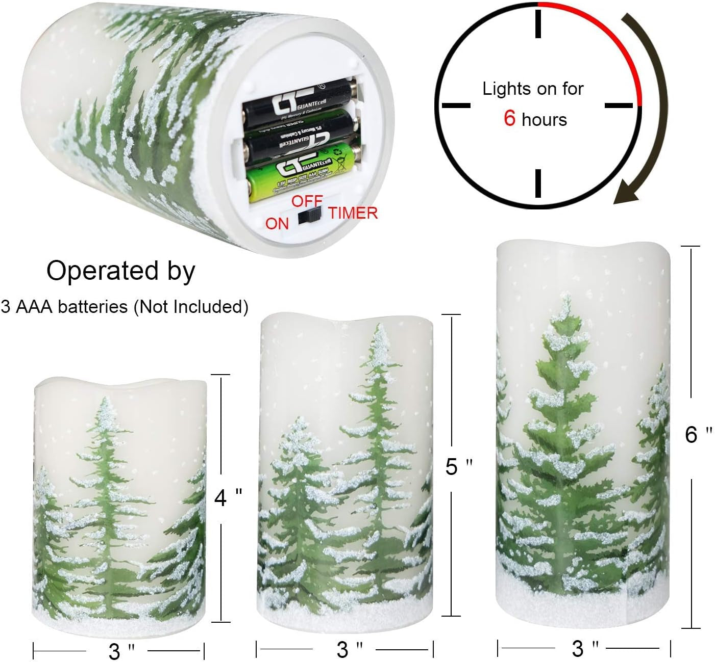 Green Tree Christmas Flameless Flickering Candles with 6H Timer, Battery Operated LED Candles Real Wax Decals Pack 3 Pillars Candles Gift Set 3 X 4/5/6 Inches