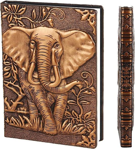 Small Vintage Leather Notebook A6, Hardcover Journal Diary Pocket Size Lined-Blank Page Embossed Notepad Writing Anniversary Valentines Birthday Gift for Men Women Kid Boys Girls Mum 3D Elephant