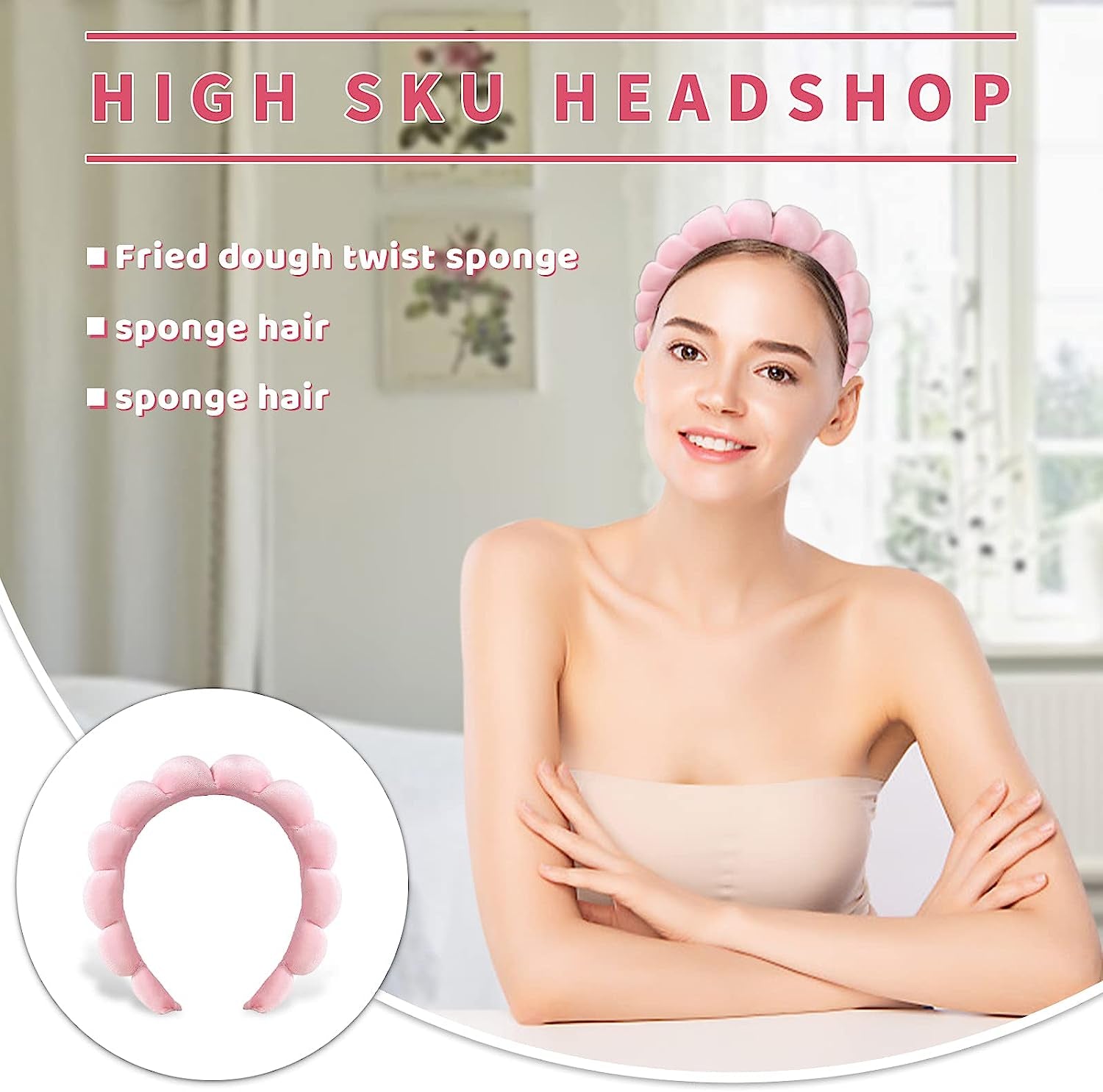Puffy Makeup Headband Spa Headbands for Women Sponge & Terry Towel Cloth Fabric Cute Skincare Headband for Face Washing, Makeup Removal, Shower, Facial Mask (Pink)