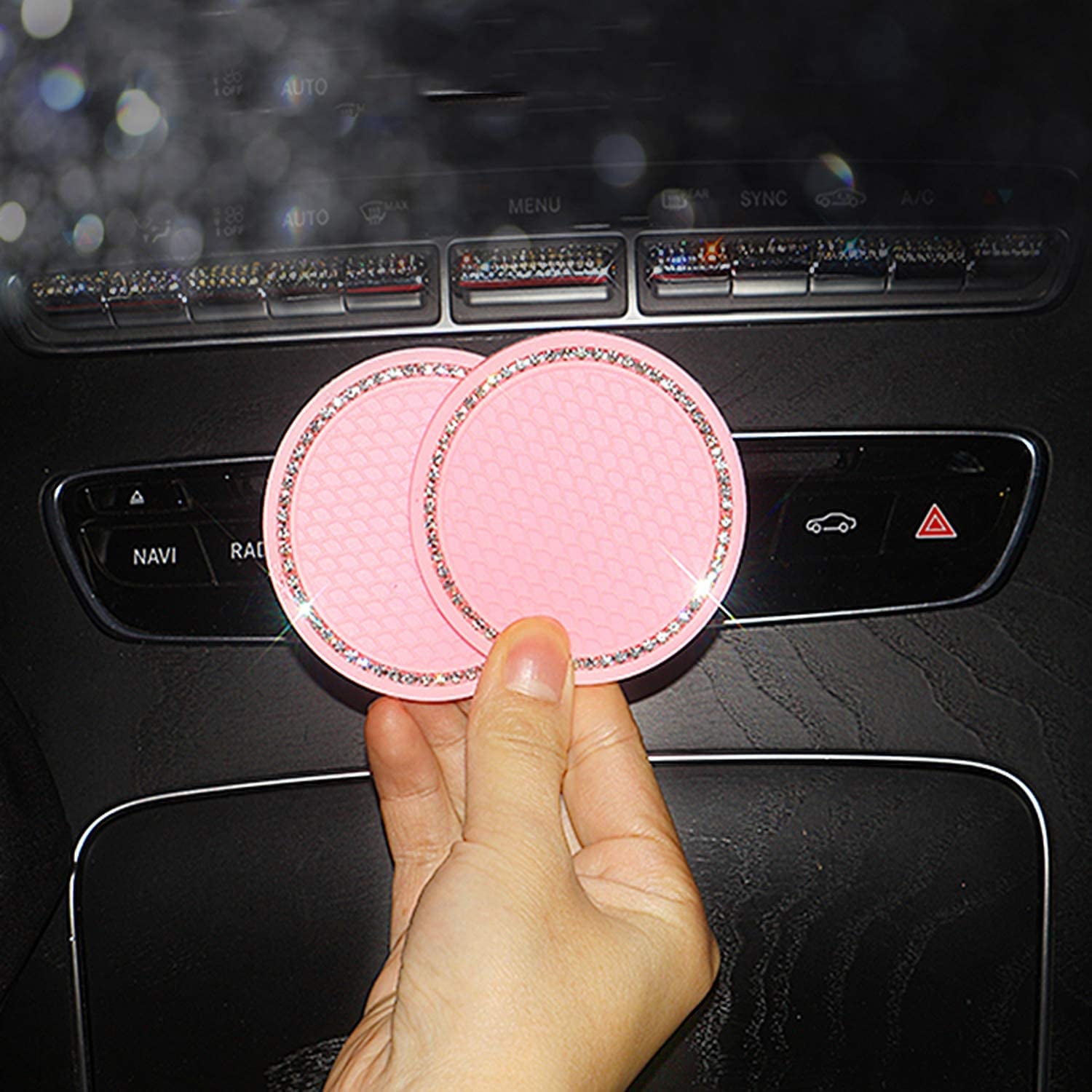 Pink Bling Steering Wheel Covers for Car with BONUS 2PCS Car Coasters, Stretchy Bling Steering Wheel Cover for Women & Girls & Men, Universal 15 Inches Girls Car Accessories.