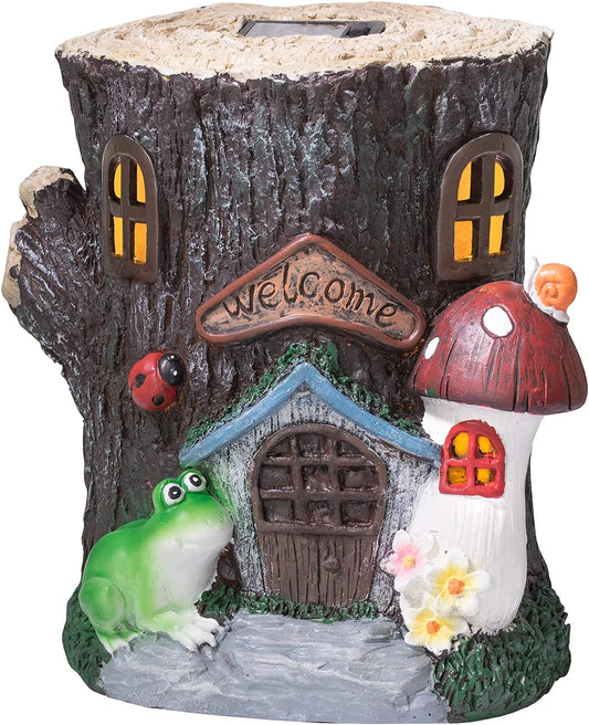 Solar Garden Ornaments Outdoor - Welcome Illuminated Wooden Pile House Garden Statues, Waterproof Resin Dwelling Ornament for Yard Lawn Garden Decorations and Gift
