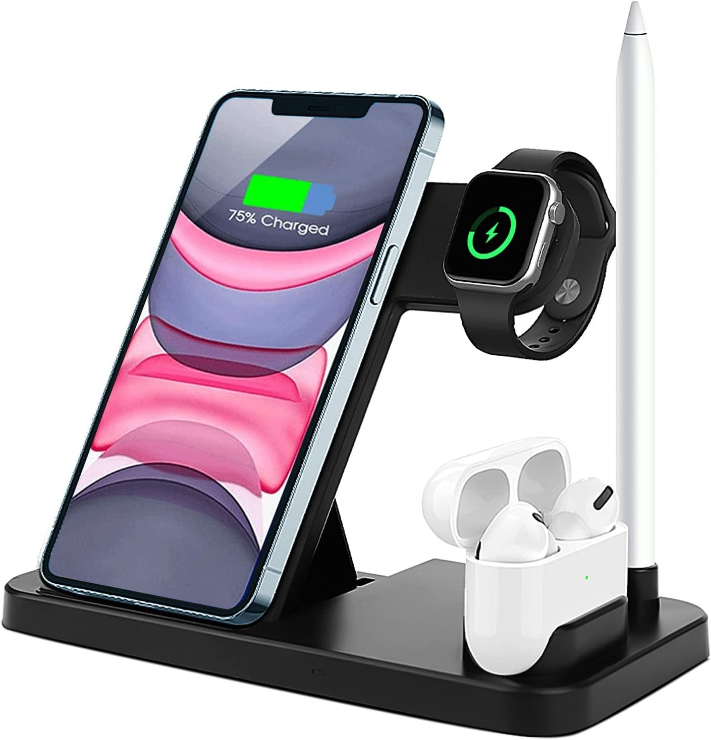 4 in 1 Wireless Charger, Foldable Wireless Charger Stand Compatible for Apple Watch & Airpods & Pencil,Fast Charger Compatible for Iphone 12/11/Pro Max/Xs/Xr Max/Xs/X/8P/8,Iwatch Series SE/6/5/4/3/2/1