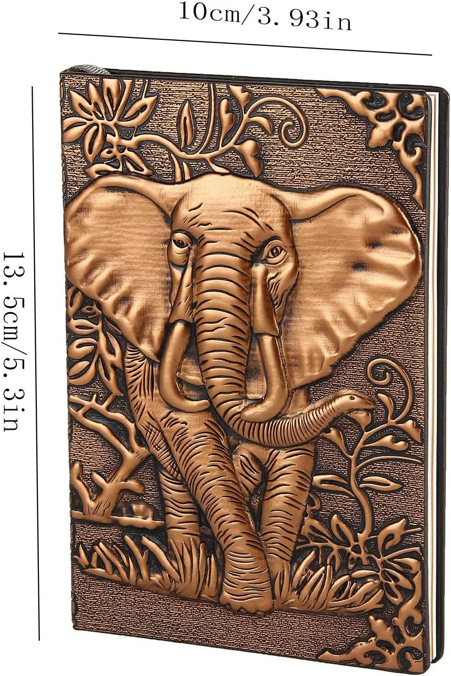 Small Vintage Leather Notebook A6, Hardcover Journal Diary Pocket Size Lined-Blank Page Embossed Notepad Writing Anniversary Valentines Birthday Gift for Men Women Kid Boys Girls Mum 3D Elephant