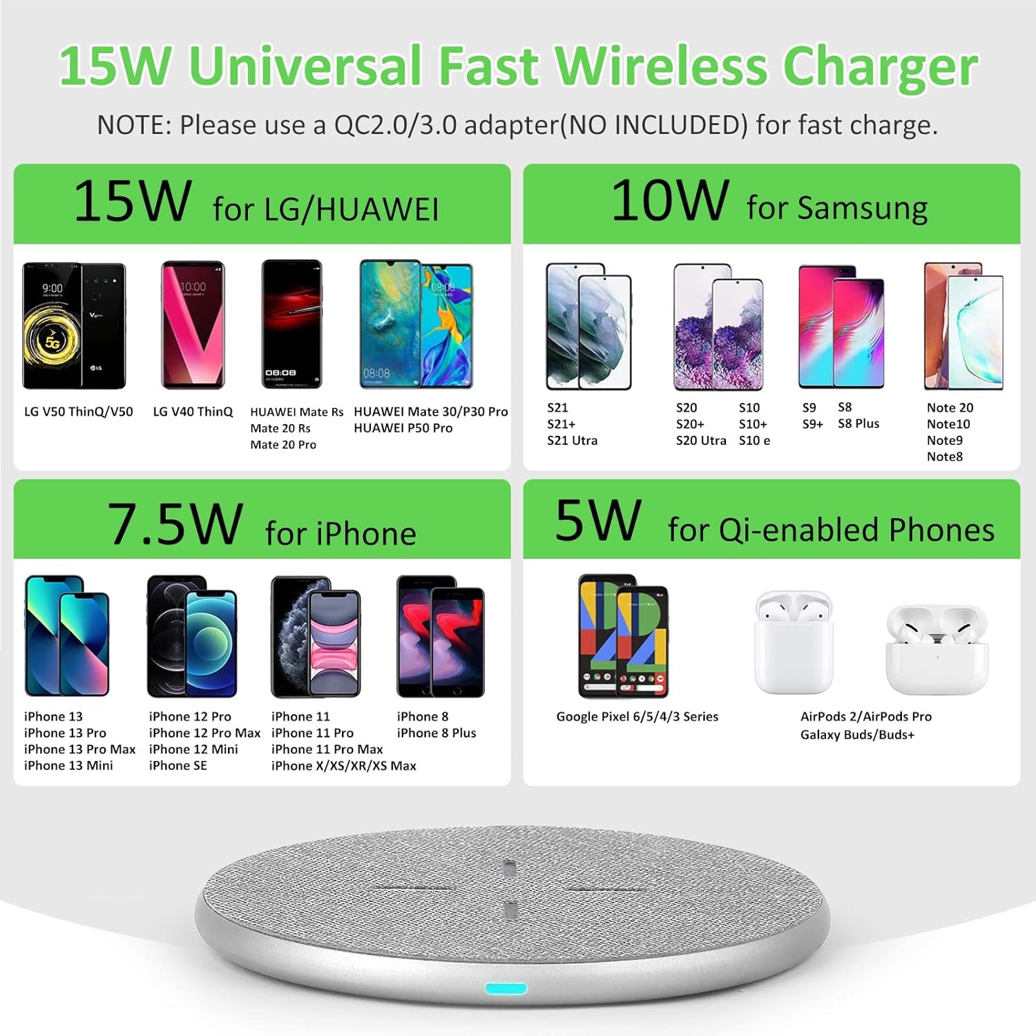Wireless Charger for Iphone 15/14/13 Pro Max/12/11/Xs Max/Xr/X/8 Plus,15W Max Fast Charging Pad for Samsung Galaxy S22/S21/S20/S10/S9/S8, Huawei P30 Pro,5W All Qi-Enabled Phones Airpods Pro