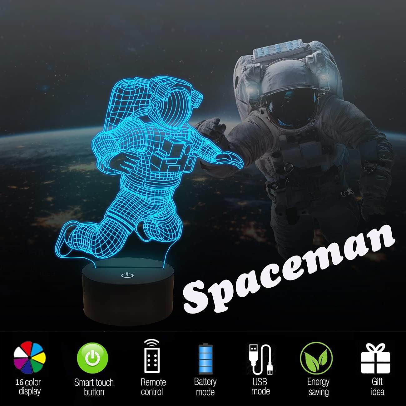 Spaceman 3D Night Light, Astronaut Rocket Optical Illusion Lamp Home Decor Bedroom Light with Remote Control 16 Colors Changing Marvel Xmas Birthday Gift for Outer Space Fan…