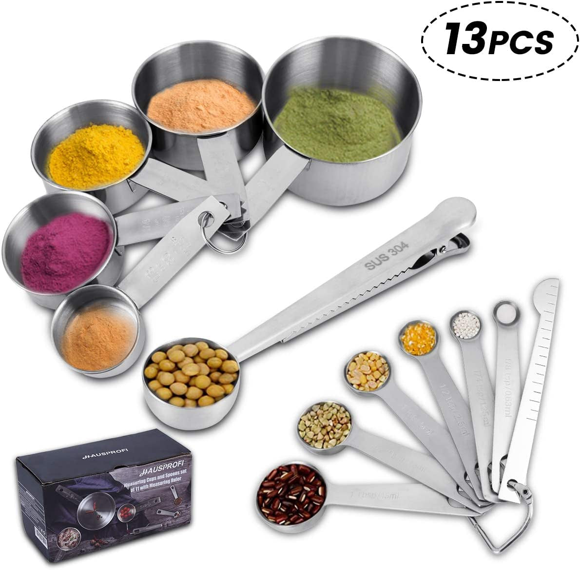 Measuring Cups and Spoons Set, 13 Pieces Premium Stainless Steel Measuring Spoons with Ruler Scoop/Clip for Baking, Liquid and Solid
