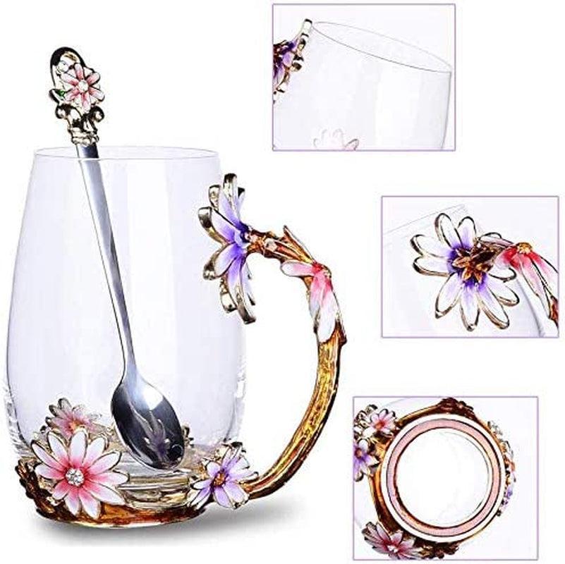 Handmade Enamel Butterfly Flower Glass Coffee Mugs Tea Cup with Spoon,Birthday Christmas Gifts for Her Women Mum Friends Teacher Valentines Mothers Day