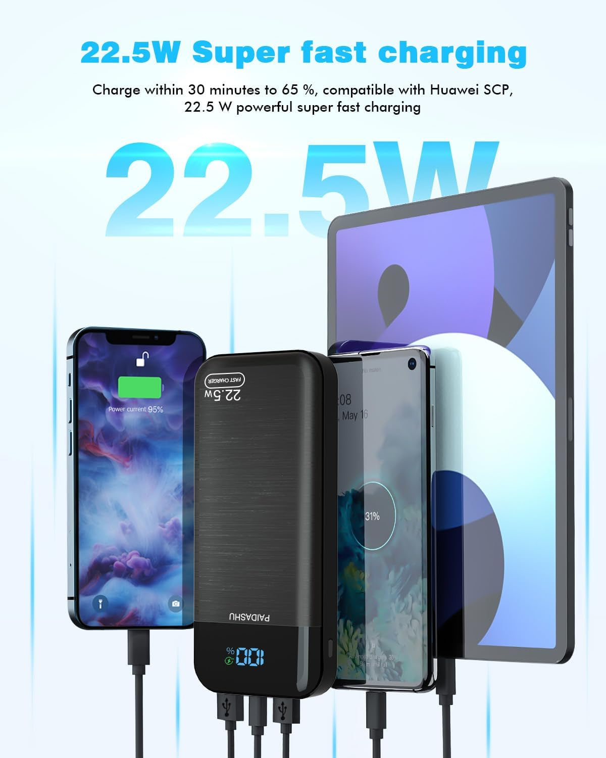 Power Bank 27,000Mah, PD3.0 QC4.0 22.5W Fast Charging PD20W USB C Powerbank Portable Charger with LCD Display 3 Outputs & 2 Inputs for Smartphones Tablets and More