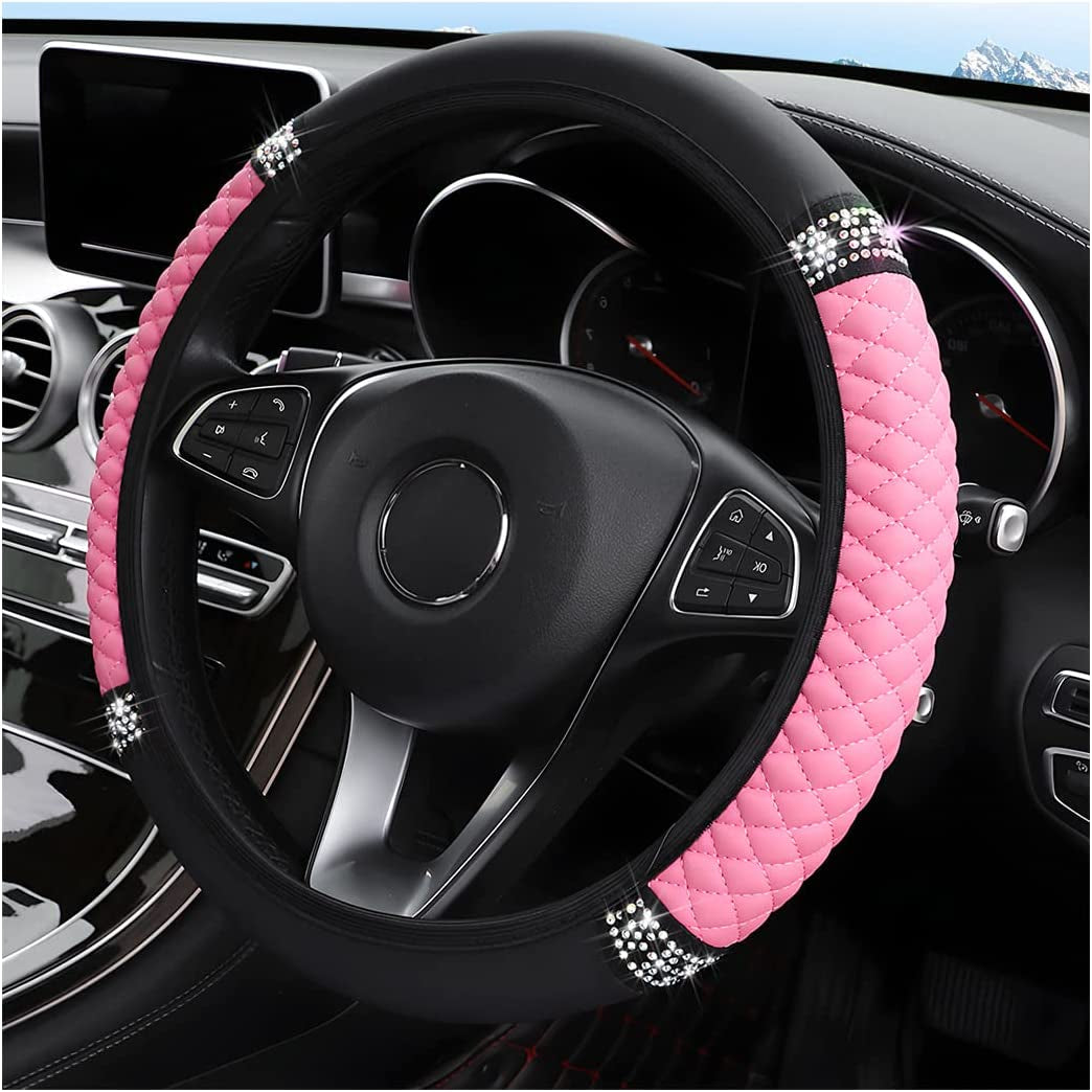 Bling Soft Leather Steering Wheel Cover, Colorful Rhinestones Auto Elastic Steering Wheel Protector, Sparkly Crystal Diamond for Women Girls, Car Interior Accessories for Most Cars (Pink)