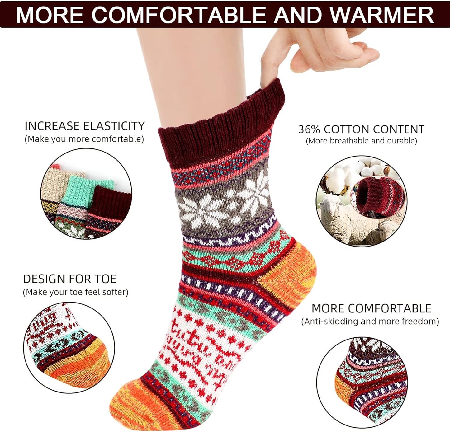 Thermal Winter Women Socks 5 Pairs Wool Warm Knitting Ladies Socks Vintage Style Soft Cotton Thick Woman Bed Sock Multicoloured for Home Office School Hiking, Ideal Christmas Gifts for Women