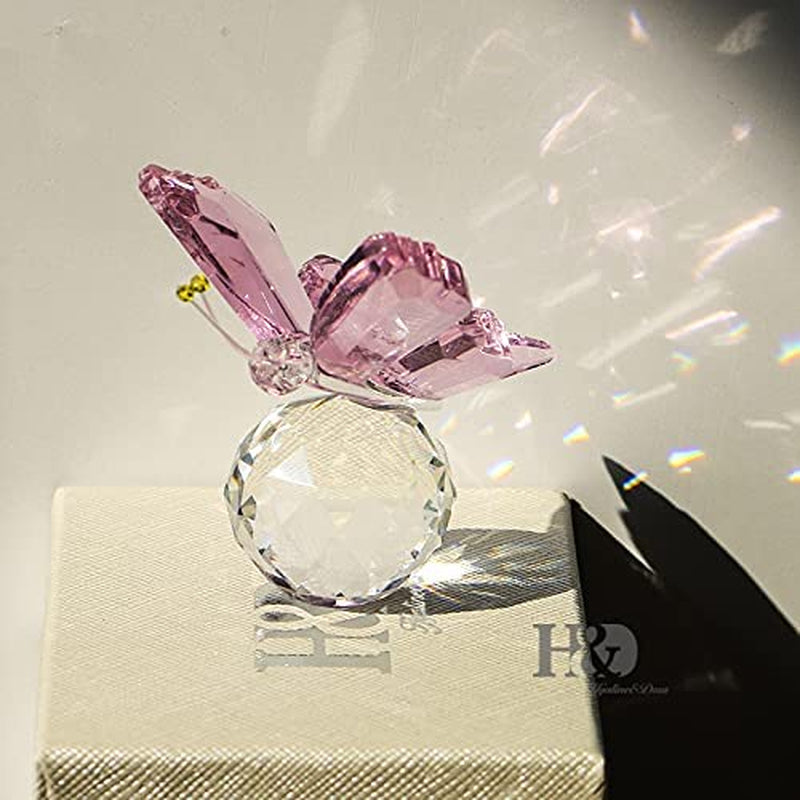 Crystal Flying Butterfly with Ball Base Figurine Art Glass Collection Ornament Statue Animal Paperweight (Pink)