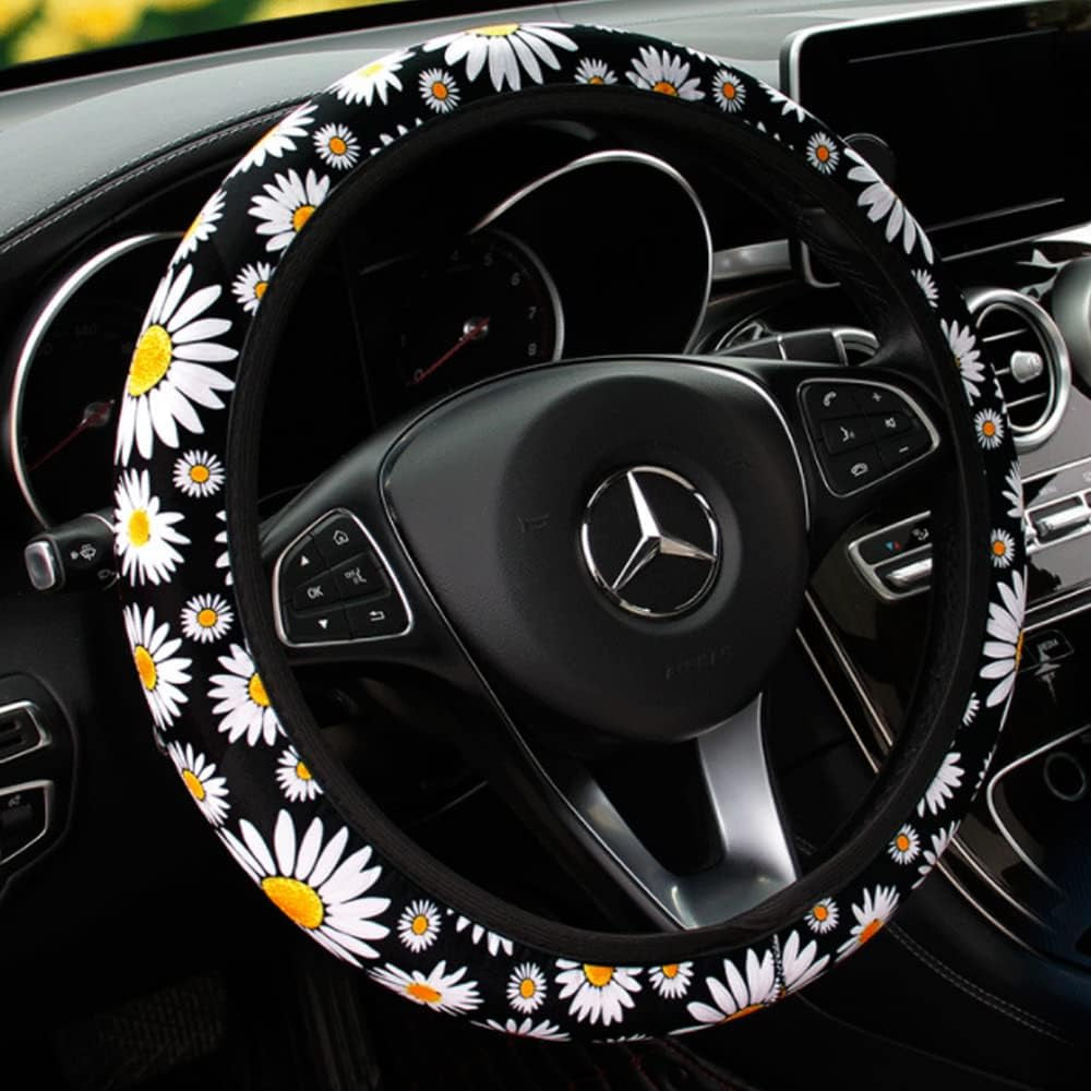 Daisies-Printed Steering Wheel Cover for Women Breathable Stretchy Steering Wheel Protector without Inner Ring Embroidered Cute Sweat Absorber Steering Wheel Cover Cloth Fit 37-38Cm/14.5-15Inch