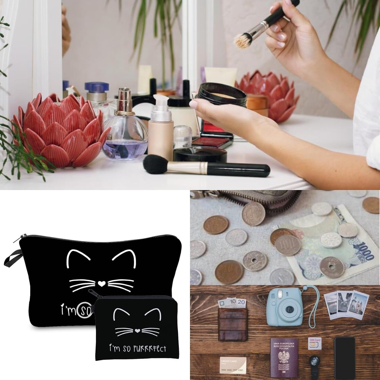 Toiletry Bag 2 Pcs Small Makeup Bags for Handbag Black Cute Cosmetic Bags with Coin Bags Portable Pencil Case for Storage Pouch Beauty Bag for Women Wash Bags, 0201