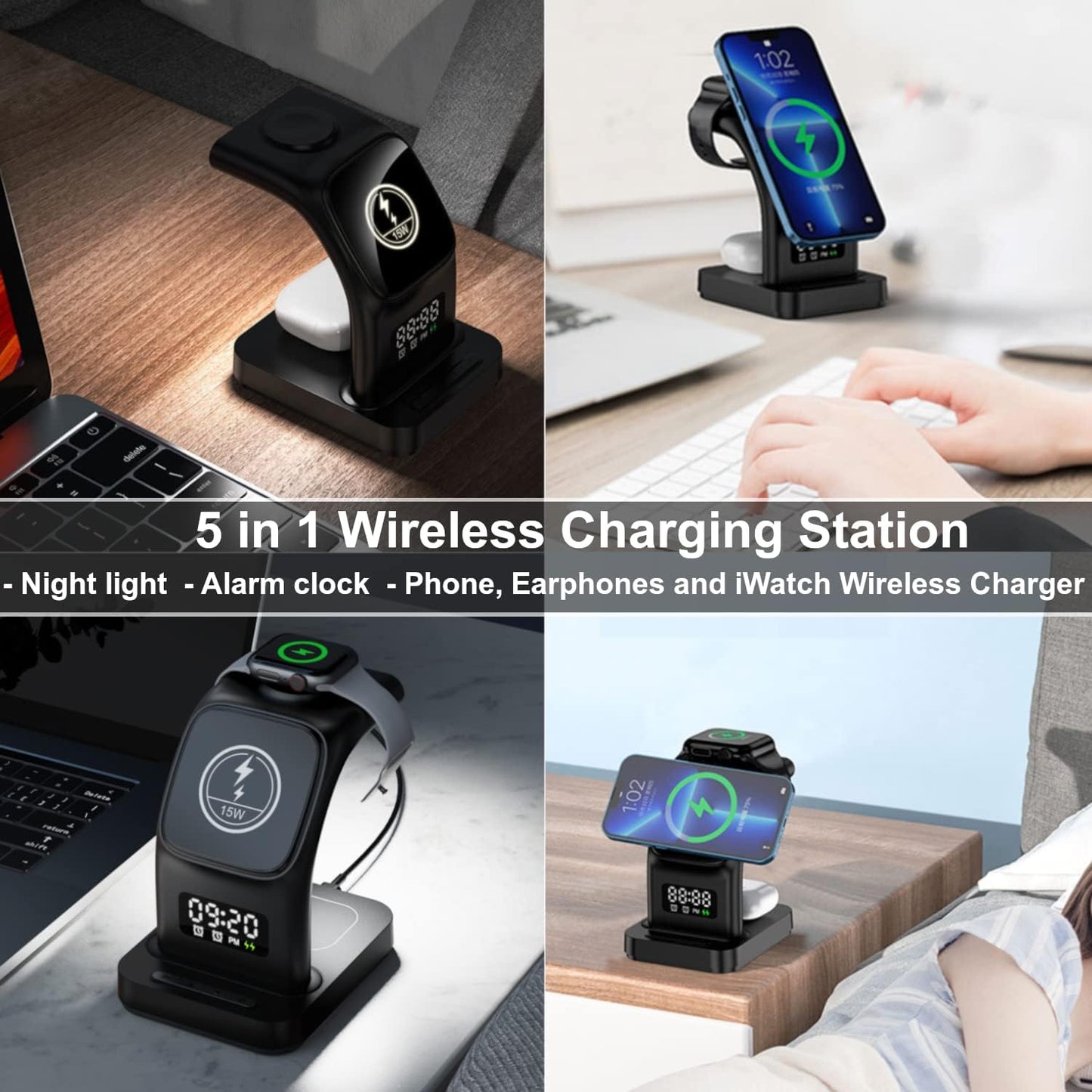 5 in 1 Wireless Charging Station with Alarm Clock & Night Light,15W Fast Magnetic Wireless Charger Station Stand Compatible with Magsafe Iphone 14/13/12, Apple Watch,Airpods (UK Adapter Included)
