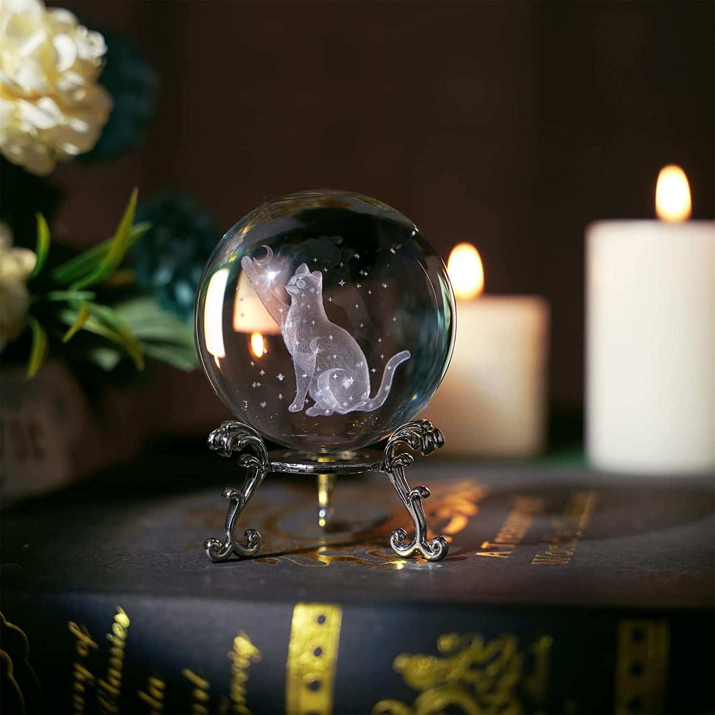 60Mm 3D Cat Crystal Ball Figurine Glass Laser Engraved Cat Moon Star Crystal Ball with Stand Glass Sphere Paperweights Cat Gifts for Cat Lovers Women…