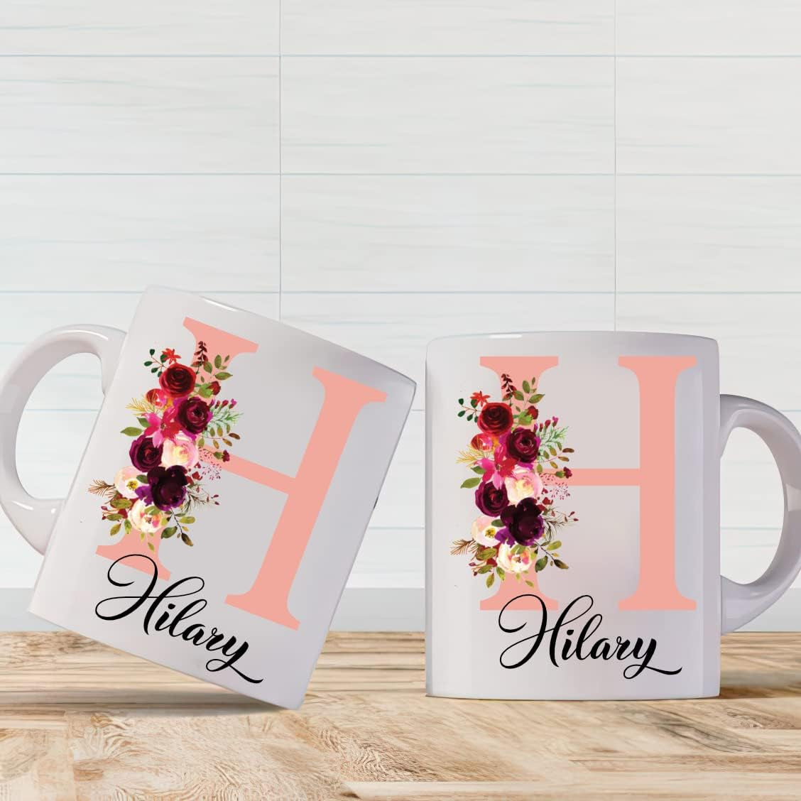 Personalised Floral Mug Stylish Initial with Name, Customised Gift for Valentine’S Day, Birthday, Christmas Day for Mom, Dad, Kids, Friends or Girls, 11Oz Ceramic Coffee/Tea Cup (Rose Gold)