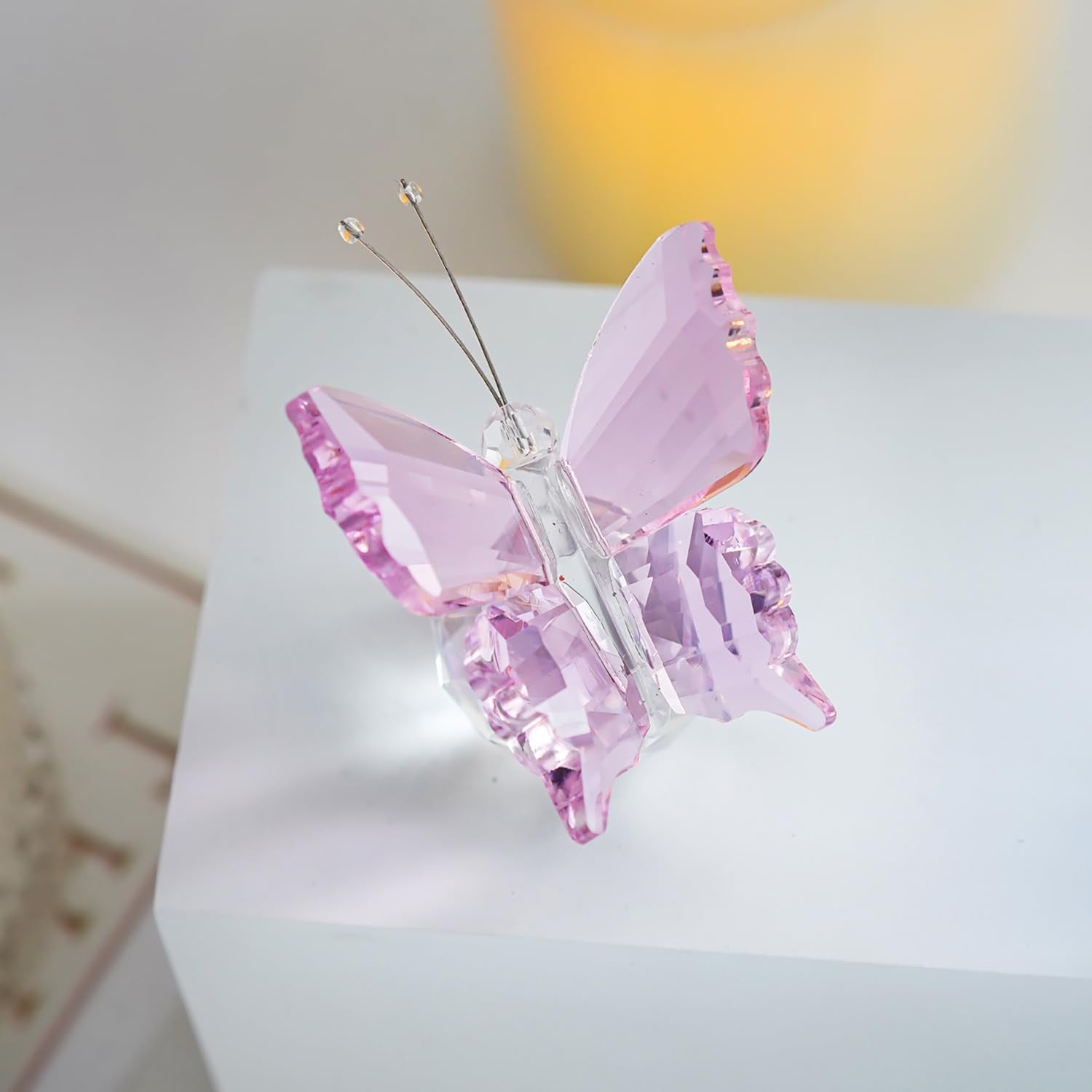 Crystal Flying Butterfly with Ball Base Figurine Art Glass Collection Ornament Statue Animal Paperweight (Pink)