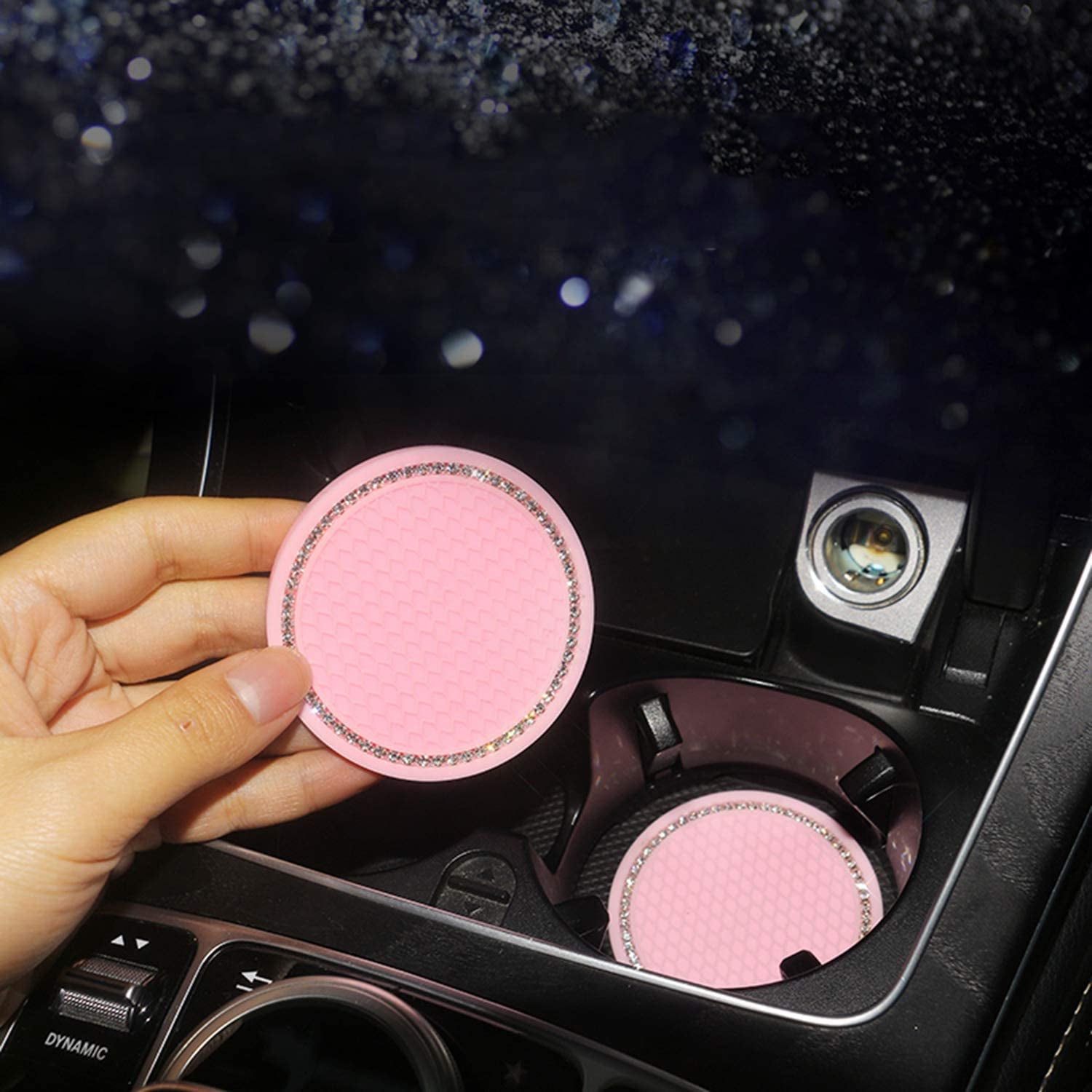 Pink Bling Steering Wheel Covers for Car with BONUS 2PCS Car Coasters, Stretchy Bling Steering Wheel Cover for Women & Girls & Men, Universal 15 Inches Girls Car Accessories.