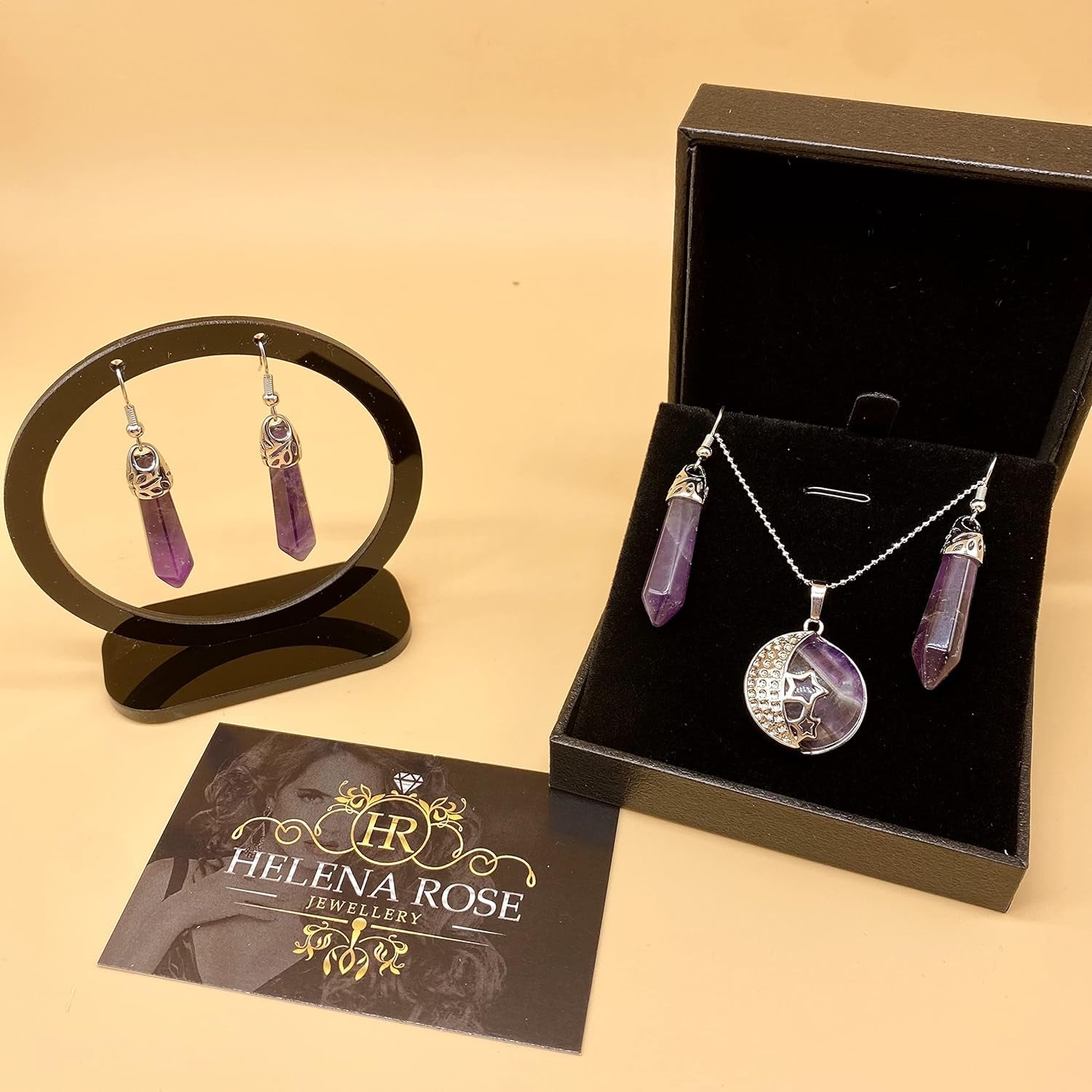 Jewellery Gift Set for Women - Silver Moon & Stars Necklace & Drop Earrings - Real Natural Crystal Quartz Gemstone Pendant for Ladies - with a Quality Gift Box