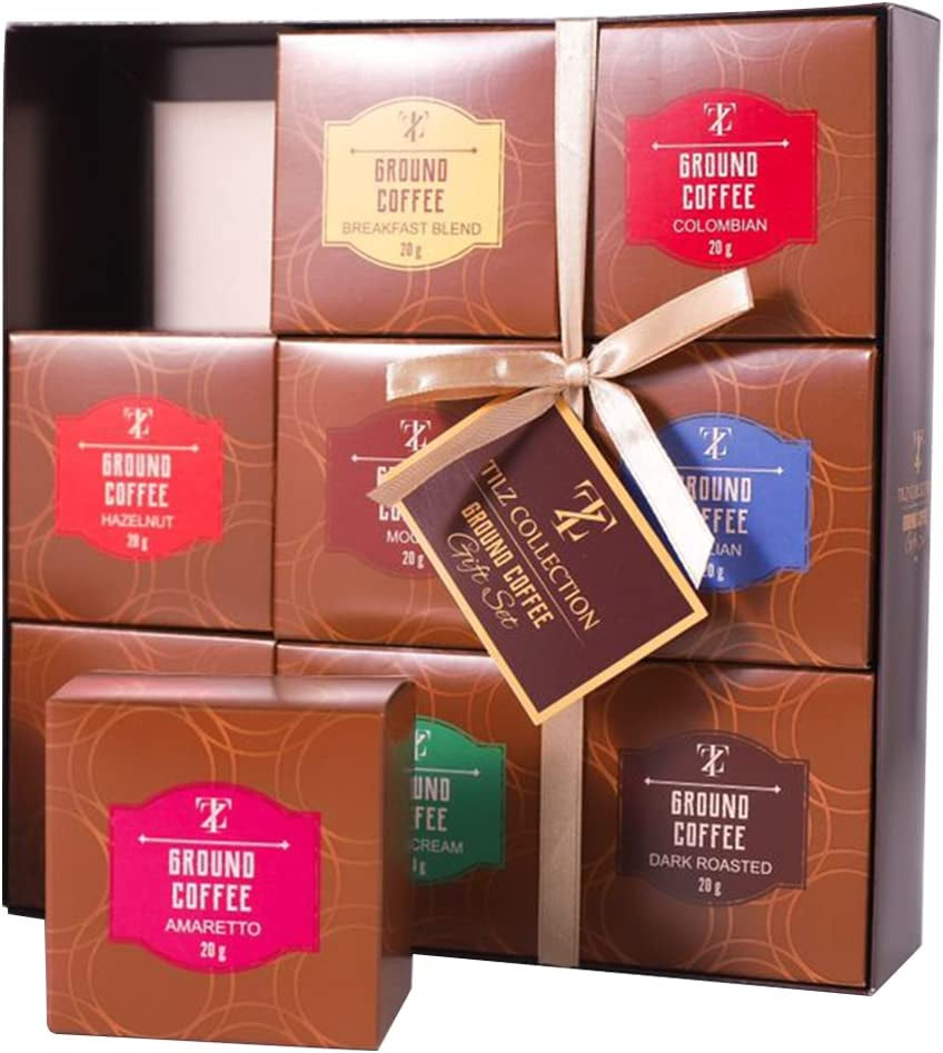 Coffee Gift Set - Gourmet Ground Coffee Gifts, 9 Assorted Flavours Including Amaretto Dark Roast French Vanilla Mocha Italian Colombian, Gifts for Coffee Lovers, Gifts for Men, Women, Gifts for Her