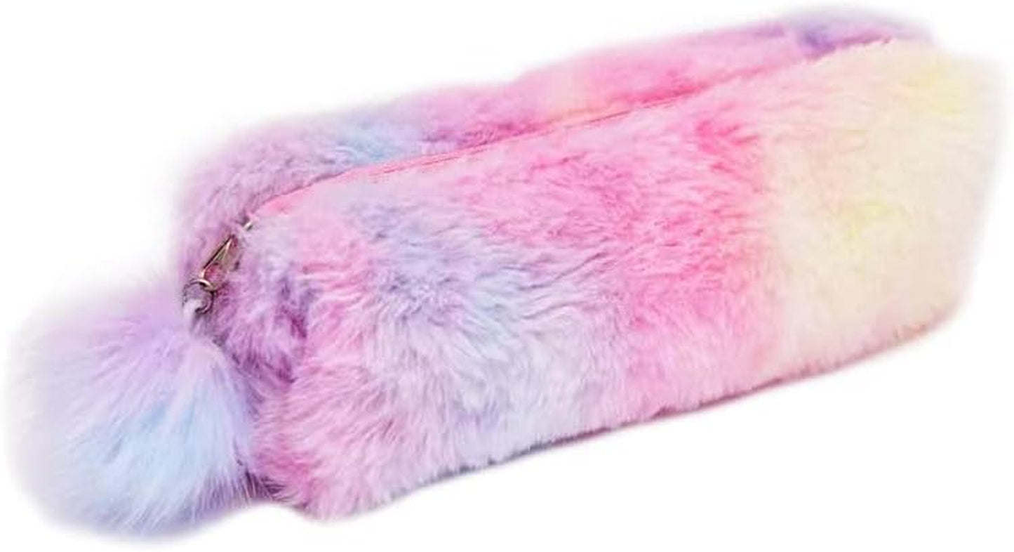 Plush Rainbow Cosmetic Bag Fluffy Soft Handbag Small Pouch Purse Zipper Toiletry Organizer Storage Beauty Makeup Travel Accessory for Teen Girls