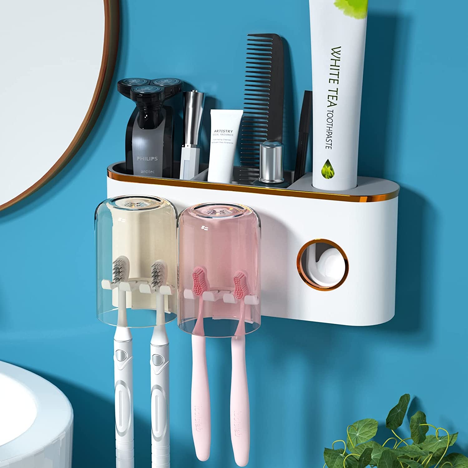 Wall Mounted Automatic Toothpaste Dispenser with Dust-Proof Cover and 2 Toothpaste Squeezer, 2 Electric Toothbrush Holders and 4 Toothbrush Organizer Slots