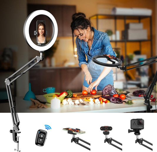 Desk Ring Light with Stand & Phone Holder, Overhead Phone Camera Mount with 10” Selfie Ring Light, Ring Light with Remote Control for Video Recording,Makeup,Cooking,Meeting,Live Streaming