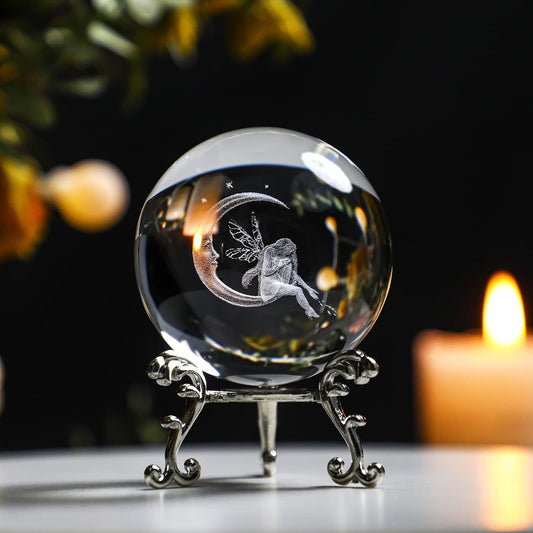 60Mm 3D Crystal Ball with Stand Glass Laser Moon and Fairy Ball Ornament Crystal Paperweights Figurine Home Art Decor Crafts with Metal Stand Gifts for Women