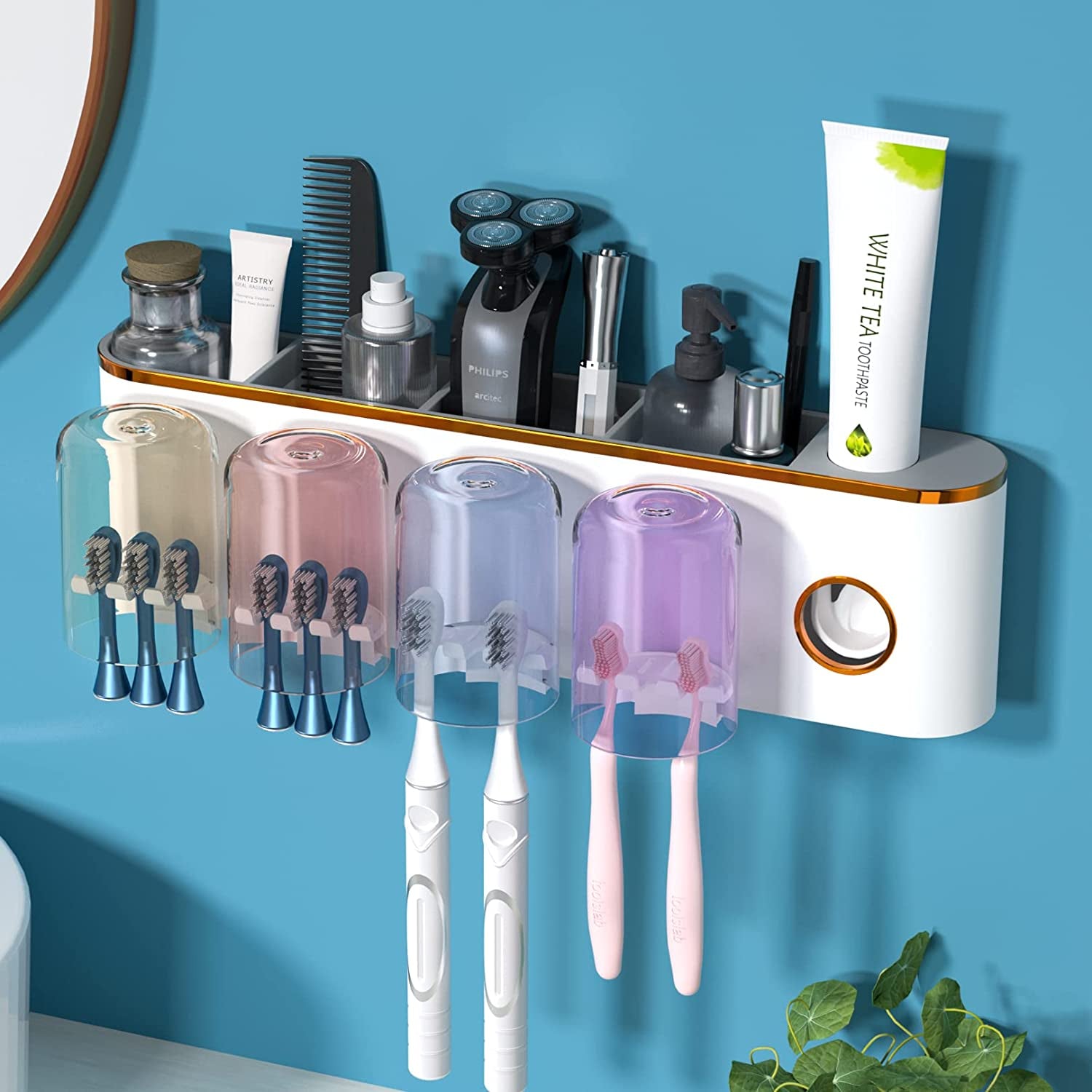 Wall Mounted Automatic Toothpaste Dispenser with Dust-Proof Cover and 2 Toothpaste Squeezer, 2 Electric Toothbrush Holders and 4 Toothbrush Organizer Slots