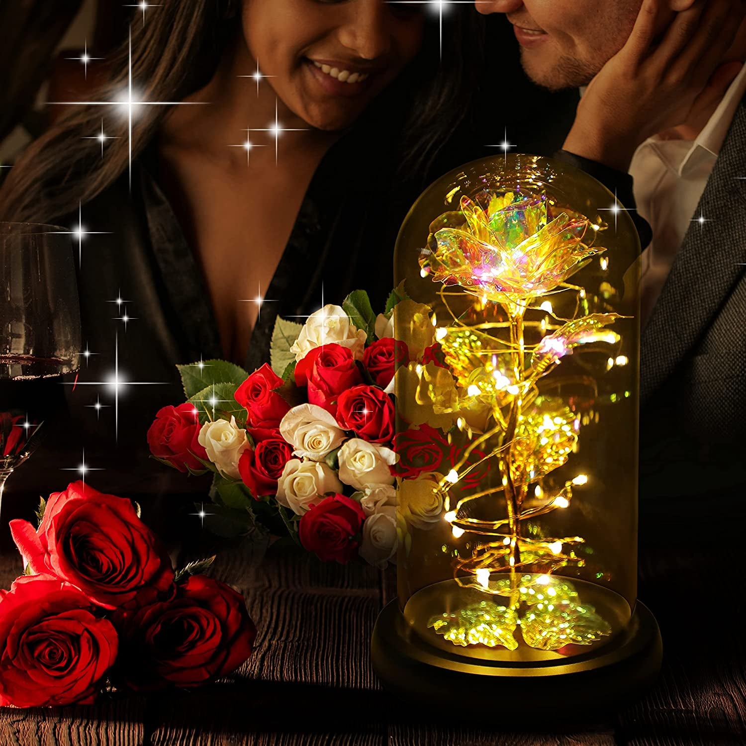 Rose Flower Gifts for Women,Birthday Gifts for Women,Womens Gifts for Christmas,Mom Gift for Xmas,Colorful Rainbow Artificial Flower Rose Light up Rose in a Glass Dome,Flower Gifts for Her,Anniversary