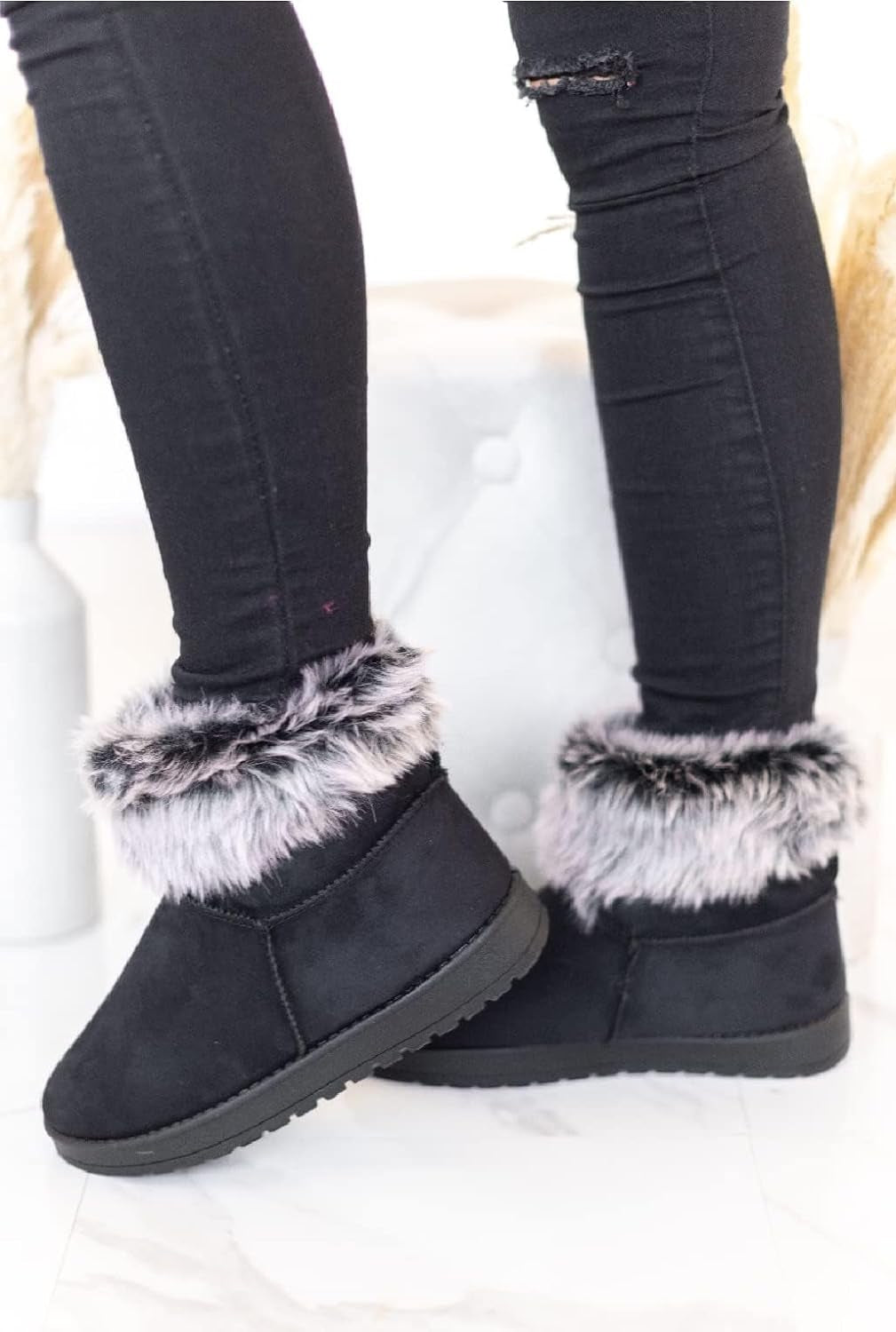 WOMENS FAUX FLUFFY FUR LINED WARM LADIES ANKLE WINTER SNUGG SHOES BOOTS SIZES