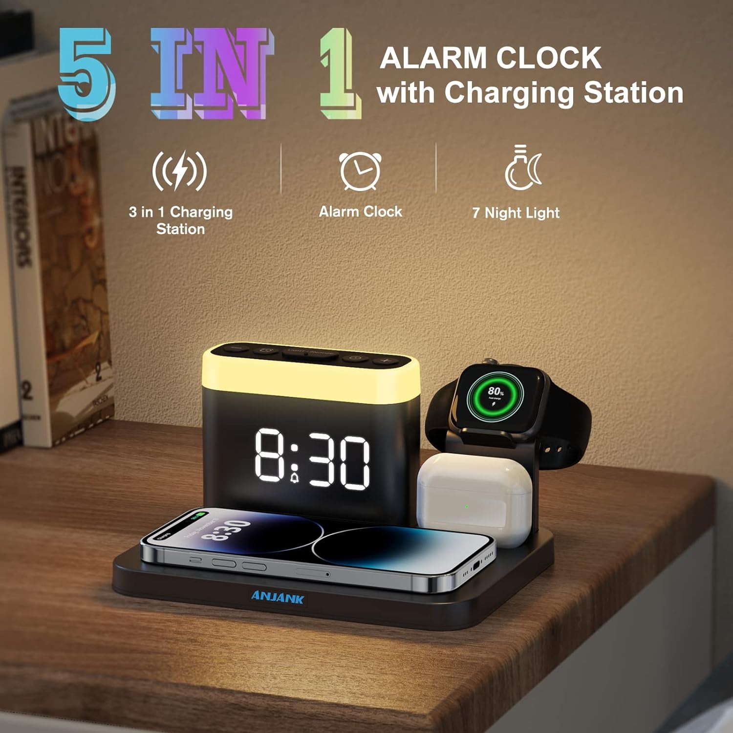Wireless Charging Station-5 in 1 Wireless Charger Stand with Alarm Clock, 7 Night Lights, Charging Dock for Iphone 15/14/13/12/11/Pro/Max/Xr/Xs/Samsung Phone, Apple Watch 8/7/6/5/SE, Airpods Pro/3/2/1