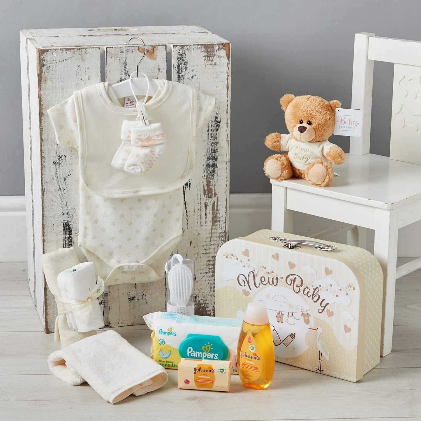 Baby Newborn Baby Gifts - Baby Hamper Cream Includes Baby Essentials for Newborn, Teddy Bear, New Born Baby Essentials, New Baby Gifts