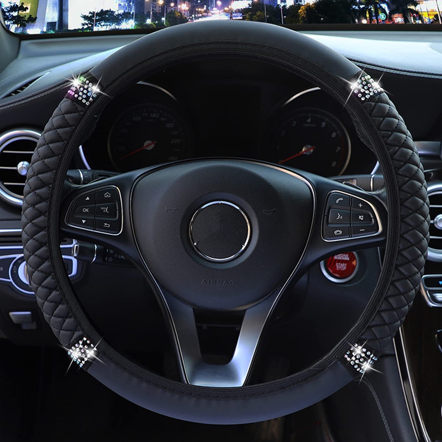 Bling Soft Leather Steering Wheel Cover, 15 Inch Colorful Bling Crystal Rhinestones Auto Elastic Steering Wheel Protector for Women Girls, Car Accessories for Most Cars (Black)