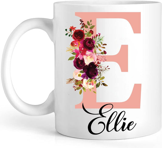 Personalised Floral Mug Stylish Initial with Name, Customised Gift for Valentine’S Day, Birthday, Christmas Day for Mom, Dad, Kids, Friends or Girls, 11Oz Ceramic Coffee/Tea Cup (Rose Gold)