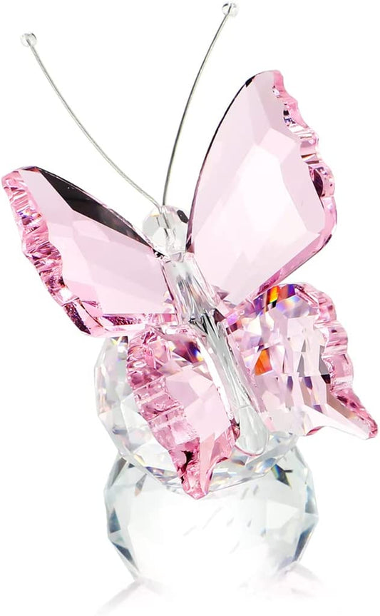 Crystal Flying Butterfly with Ball Base Figurine Art Glass Collection Ornament Statue Animal Paperweight (Pink)