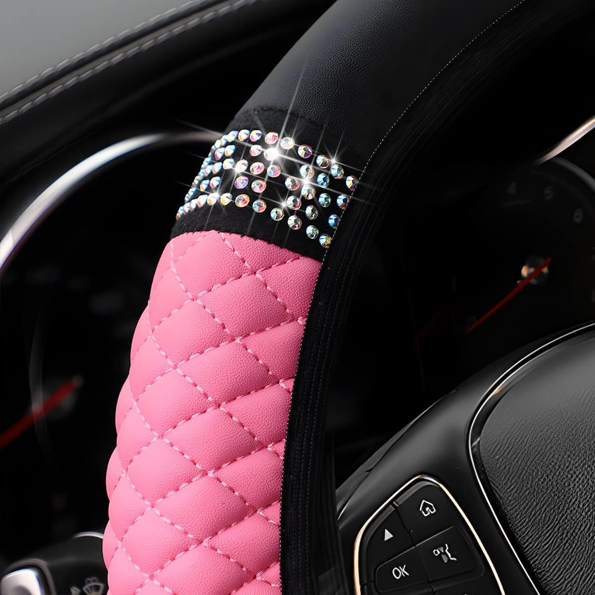 Bling Soft Leather Steering Wheel Cover, Colorful Rhinestones Auto Elastic Steering Wheel Protector, Sparkly Crystal Diamond for Women Girls, Car Interior Accessories for Most Cars (Pink)