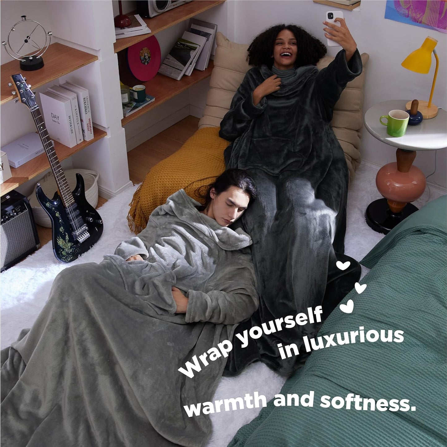 Wearable Blanket with Sleeves Women - Warm Fleece Slanket as Gifts for Her, Cosy TV Blankets with Front Pocket for Adults Men, Grey, 150 X 200 Cm
