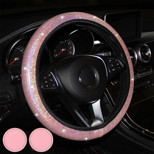 Pink Bling Steering Wheel Covers for Car with BONUS 2PCS Car Coasters, Stretchy Bling Steering Wheel Cover for Women & Girls & Men, Universal 15 Inches Girls Car Accessories.